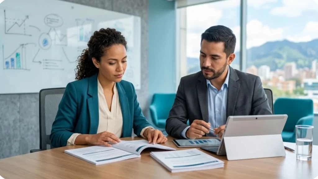 Dos profesionales comparando propuestas de un curso de IA empresarial