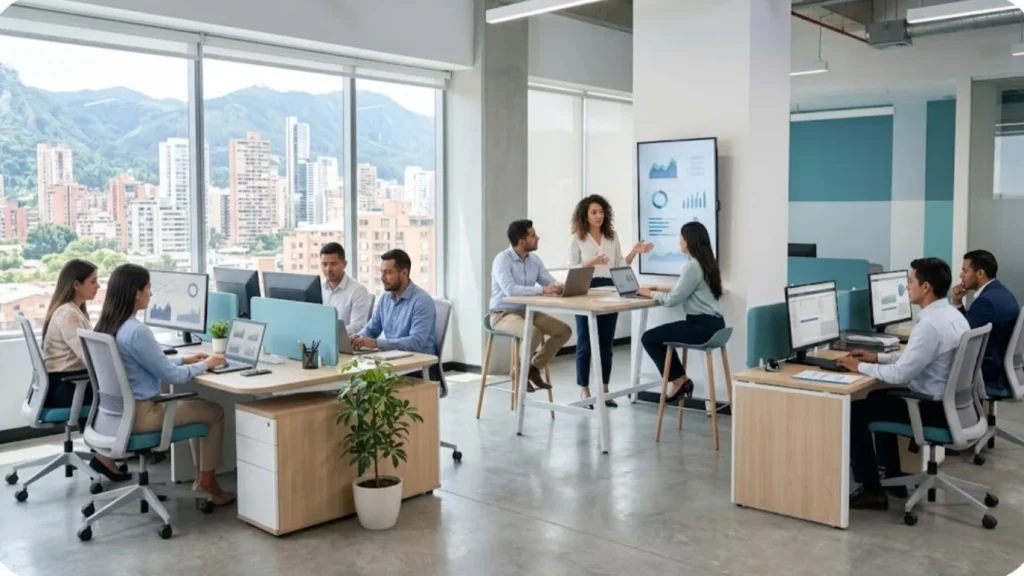 Equipos de distintas áreas aplicando inteligencia artificial en una oficina en Bogotá