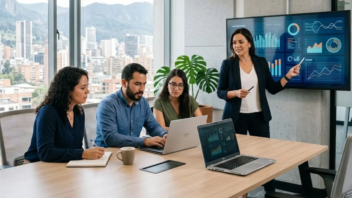 Equipo de profesionales en un curso de inteligencia artificial para empresas en Bogotá